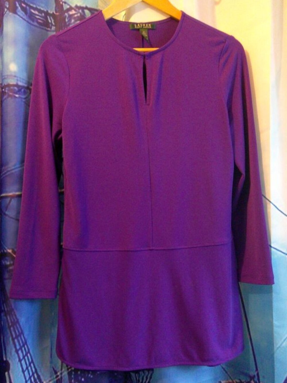 Lauren Ralph Lauren Long Sleece Peplum Tunic Blouse Split Hem Purple Agate Sz S